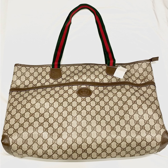 RARE NWT Vintage GUCCI SHERRY Line XLarge BROWN Monogram Canvas Leather Tote NEW - Picture 3 of 15